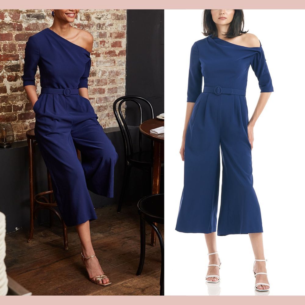 NEW $258 Kay Unger [ 6 ] Tori‎ Tea-Length One Shoulder Jumpsuit in Navy Blue